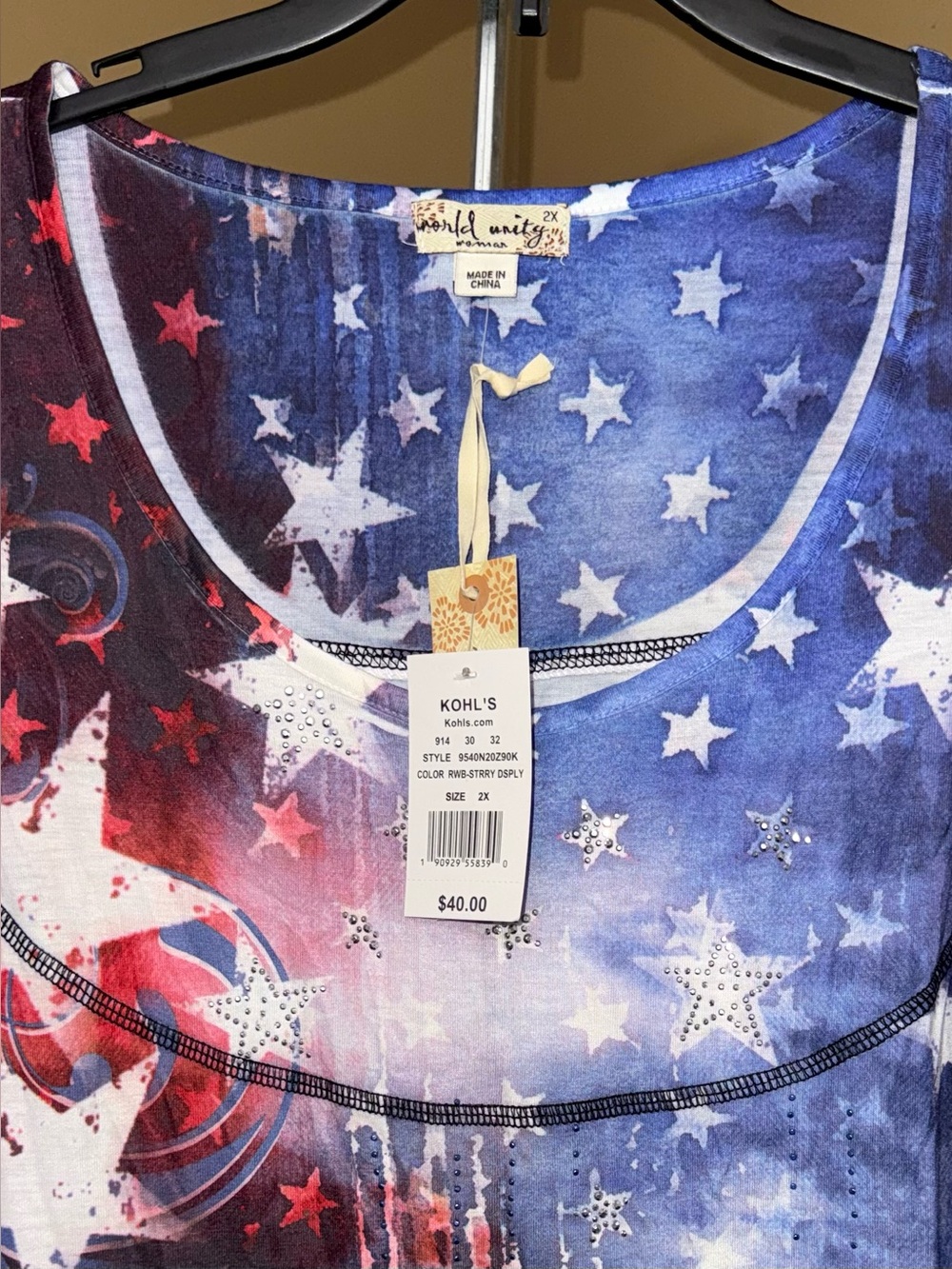 NWT WORLD UNITY Red, White & Blue Star Tie-Dye Short Sleeve Tee. Size 2X. - Picture 3 of 4